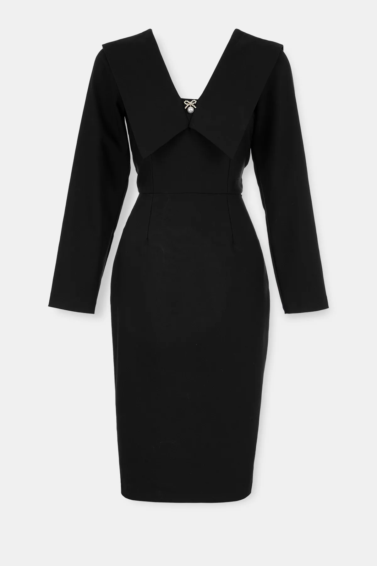Elegantna midi haljina sa kragnom i brošem
